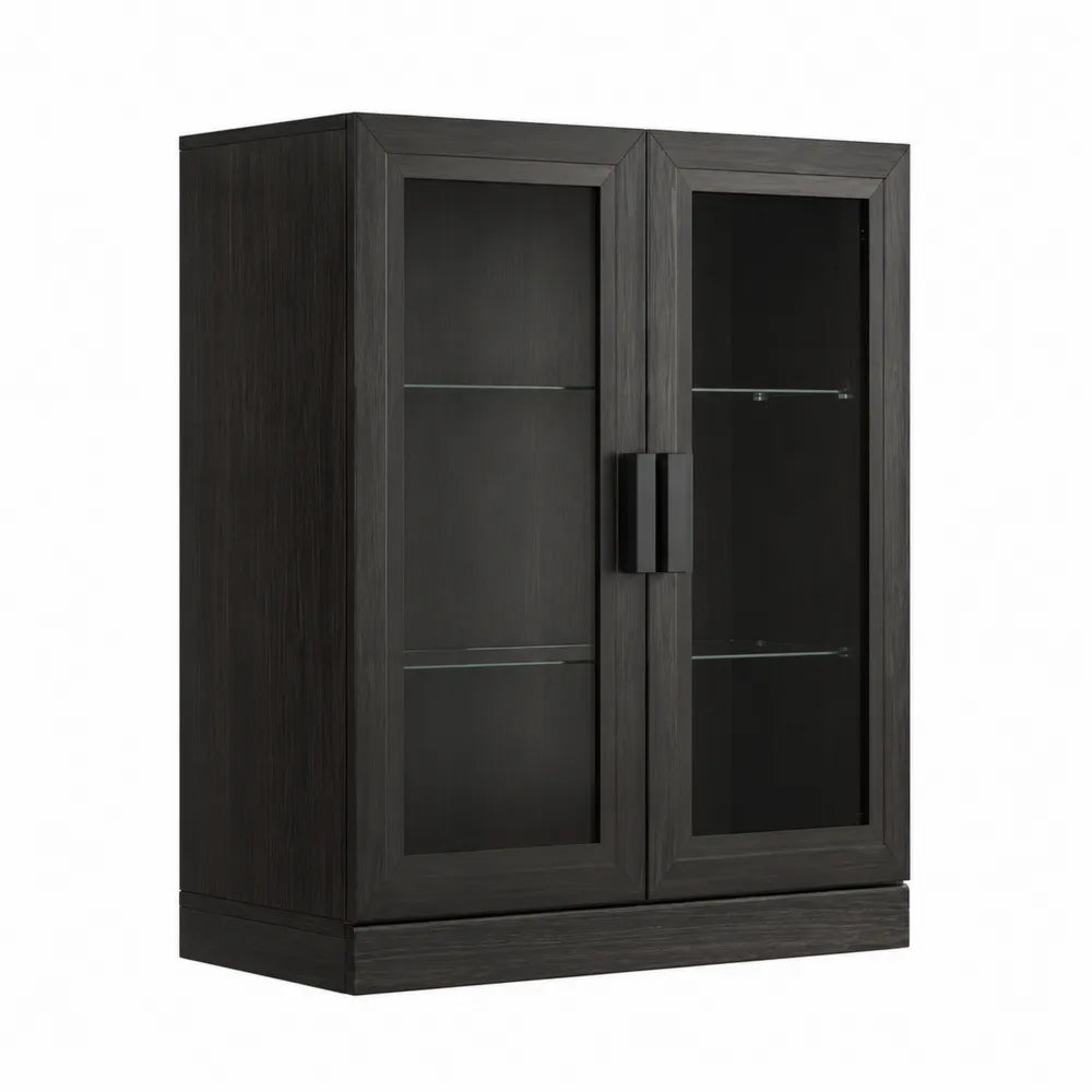 Credenza in legno scuro con ante in vetro temperato