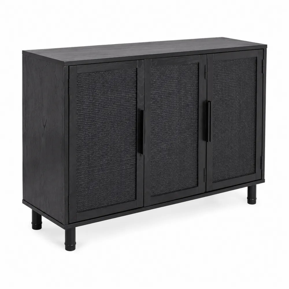 Credenza in legno con tre ante e tessuto intrecciato