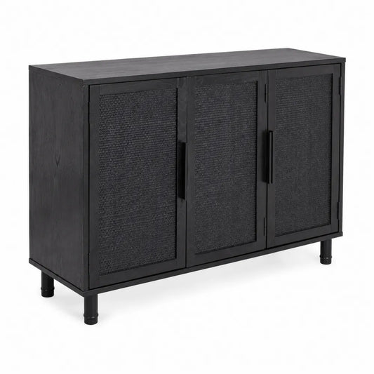 Credenza in legno con tre ante e tessuto intrecciato