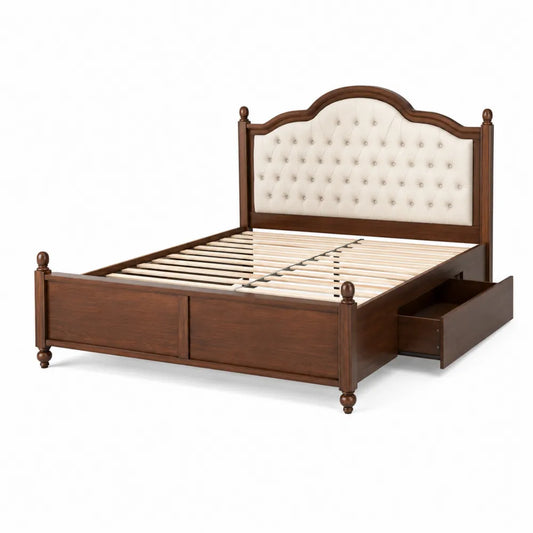Letto matrimoniale in legno con testiera imbottita e cassetto