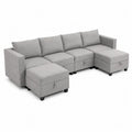 Divano modulare in legno e tessuto grigio con contenitore