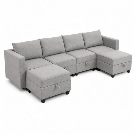 Divano modulare in legno e tessuto grigio con contenitore