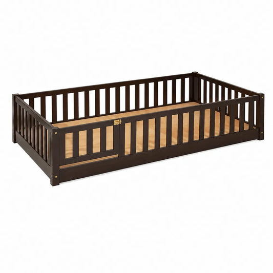 Letto per bambini in legno di pino marrone scuro con barriere di sicurezza