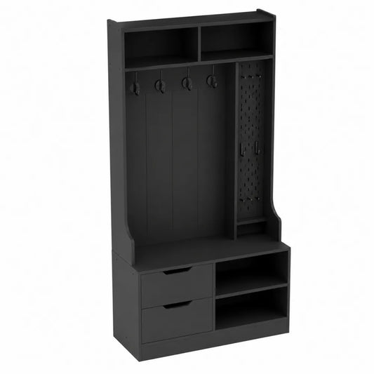 Appendiabiti Ingresso in Legno MDF Nero con Mensole e Cassetti