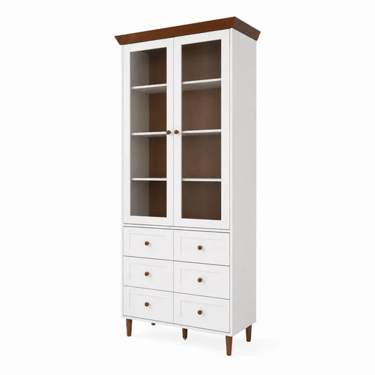 Credenza Alta con Ante in Vetro e Cassetti in Legno Bianco/Marrone 80x40x200 cm