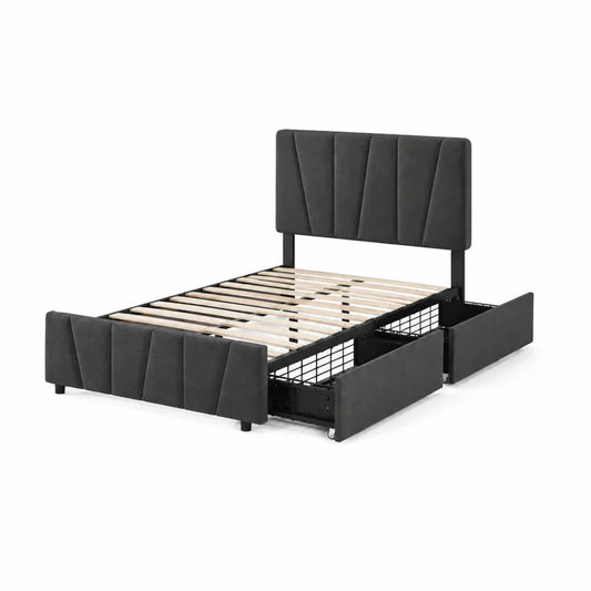 Letto imbottito grigio con contenitore e testiera 160x200 cm