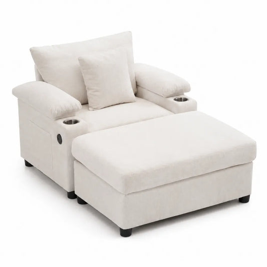 Poltrona con Pouf in Tessuto Poliestere Beige