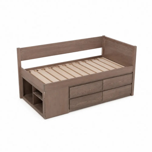 Letto singolo in legno marrone con cassetti e mensole